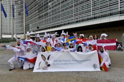 HSI's #BeCrueltyFree campaigners in front of the EU Commission's building in...